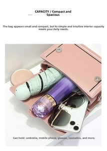 Internal capacity view of pink crossbody bag holding phone, glasses and daily essentials