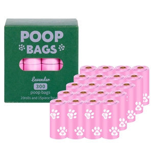 20 rolls of pink biodegradable dog poop bags with lavender scent and paw print design