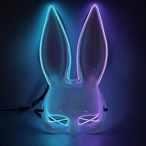 Glowing cyberpunk bunny girl mask with blue and purple LED lights for parties