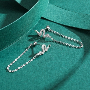 S925 silver snake earrings with white zircon pavé and green crystal eyes for women