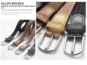 Detail of woven elastic belt showing electroplated alloy buckle and braided fabric texture