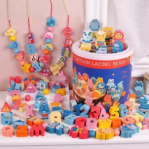 Montessori Wooden Lacing Beads Animal Alphabet Number Recognition Educational Threading Blocks For Toddlers Early Learning