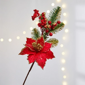 Artificial Christmas poinsettia branch with pine needles and red berries for festive decor