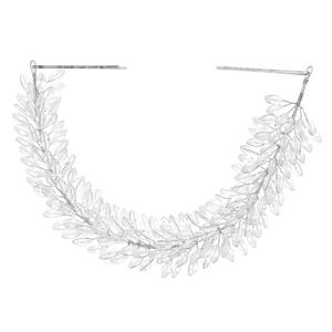 Silver bridal headband featuring crystal leaf beads and metal wire on a white background