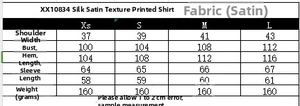 Tableau détaillé des tailles pour l'ensemble chemise et pantalon en satin avec mesures