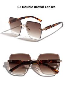 Detail of rimless diamond cut square sunglasses with tea gradient lenses and tortoise temples