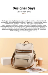 Detail of waterproof cream PU leather backpack with multiple zipper pockets and brown trim
