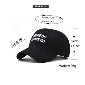 Size guide for black cotton baseball cap showing brim length and head circumference