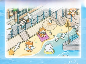 3D isometric illustration of cartoon animals surfing at Qingdao Trestle Bridge beach