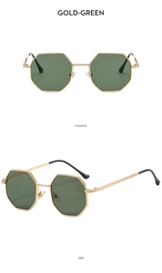 Front and side views of gold polygonal metal sunglasses with dark green lenses