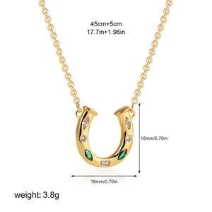18K gold horseshoe necklace with green zirconia stones and size dimension specs