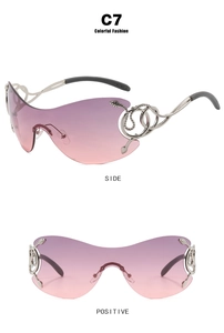 Detail of Y2K rimless shield sunglasses featuring snake metal decor and purple gradient lenses