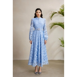 Elegante Abito Maxi In Pizzo Manica Lunga Collo Alto Abbottonatura Stile Palazzo Vintage Con Cintura Da Donna