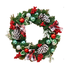 50cm flocked snowy Christmas wreath with red berries, pine cones and plaid bow decoration