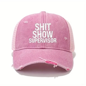 Pink distressed baseball cap with SHIT SHOW SUPERVISOR print and breathable mesh back