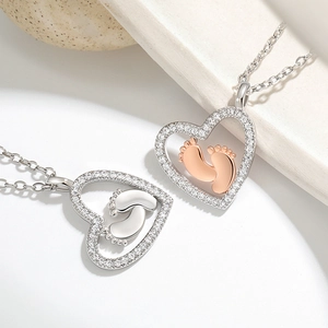 Heart Shaped Baby Footprints Pendant Necklace Copper Rhinestone Two Tone Mother Daughter Son Memorial Gift Fashion Jewelry
