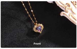 Front view of gold heart necklace with a large gradient purple and blue crystal pendant