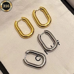 French style U-shaped oval 316L stainless steel hoop earrings in gold and silver finish