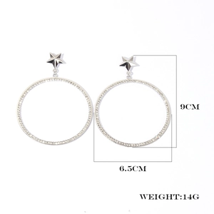 Detailed size view of silver star hoop earrings with dimensions 9cm by 6.5cm