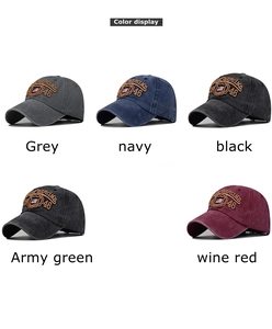 Grid view of washed cotton baseball caps in five colors with American flag embroidery