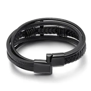 Handcrafted multilayer braided black leather bracelet with magnetic stainless steel cross clasp