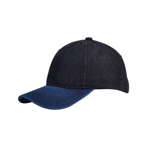 Classic two-tone washed denim baseball cap in deep and light blue panels with 45-degree view