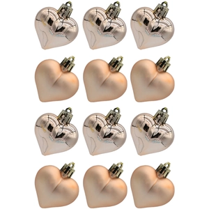 Set of 12 heart-shaped Christmas ornaments in glossy pink gold and matte champagne finish