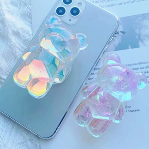 Cute iridescent glitter bear phone socket stand with transparent aesthetic for smartphones