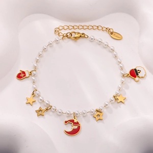 Weihnachts-Perlenarmband mit Nikolaus und Stern-Anhängern aus poliertem Edelstahl