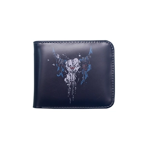 Men's navy bifold skull wallet with bull head print and zipper closure on white background