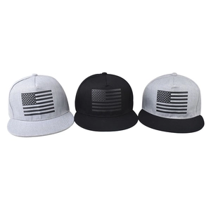 Flat brim snapback baseball hats with US flag embroidery in black and gray tones