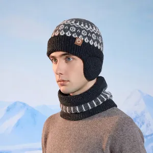 Winter knitted hat and neck warmer set with ear protection in dark grey jacquard pattern