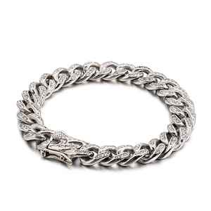 Bracciale cubano hip hop argento da uomo con zirconi scintillanti e acciaio inossidabile