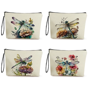 Dragonfly Flower Print Linen Makeup Bag With Zipper And Wrist Strap Artistic Watercolor Cosmetic Pouch Travel Toiletry Organizer