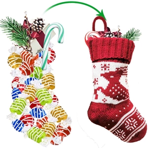 9-inch red and white knitted Christmas stocking featuring reindeer patterns and candy gifts