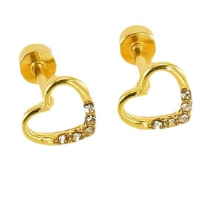 Elegant gold heart-shaped stud earrings with sparkling micro-inlaid diamonds and screw backs