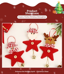Felt star ornaments featuring Santa, snowman, and reindeer with small metal bells