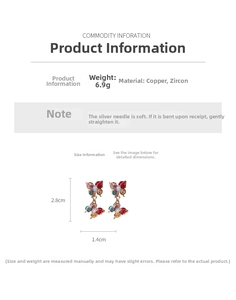 Detailed size specifications for vintage zircon butterfly earrings made of copper and silver