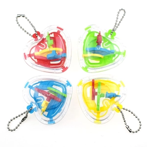 Set of 4 heart-shaped mini 3D maze puzzles with colorful paths and silver keychains