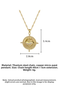 Detailed view of luxury gold necklace featuring a zircon heart pendant and sunburst design