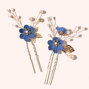 Handgemaakte Stoffen Bloem Bruiloft Haarpinnen Voor Bruiden Legering Goud Blad Nep Kunstparel Strass U-Vormige Haarsieraden Vrouwen