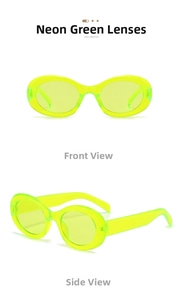 Detailed front and side view of oval fluorescent green sunglasses in transparent resin