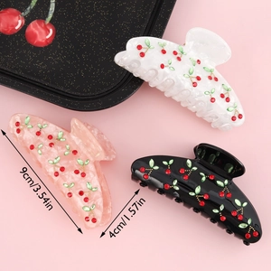 Three-piece set of cherry patterned hair claws in white pink black colors 9cm length