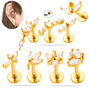Stainless Steel Labret Stud Internal Thread Marquise Cubic Zirconia Cartilage Earring Flat Back Body Piercing Jewelry For Women