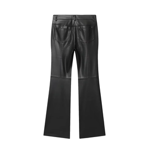 Slim fit black faux leather flare pants with back pockets shown from the rear view