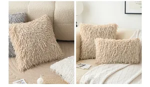 Close-up of fluffy plush pillow covers showing soft long-pile texture and warm home decor