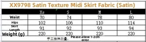 Detailed size chart for satin midi skirt showing measurements for XS, S, M, and L sizes