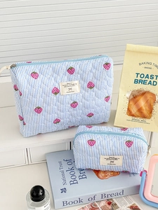 Quilted blue strawberry stripe makeup bag set with large capacity and floral cotton finish