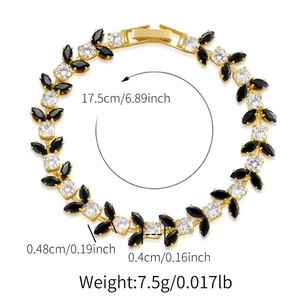 Detailed dimensions of gold-tone bracelet with black marquise and white zircon stones