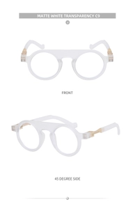 Detail view of round frame sunglasses in matte transparent white with metal hinges